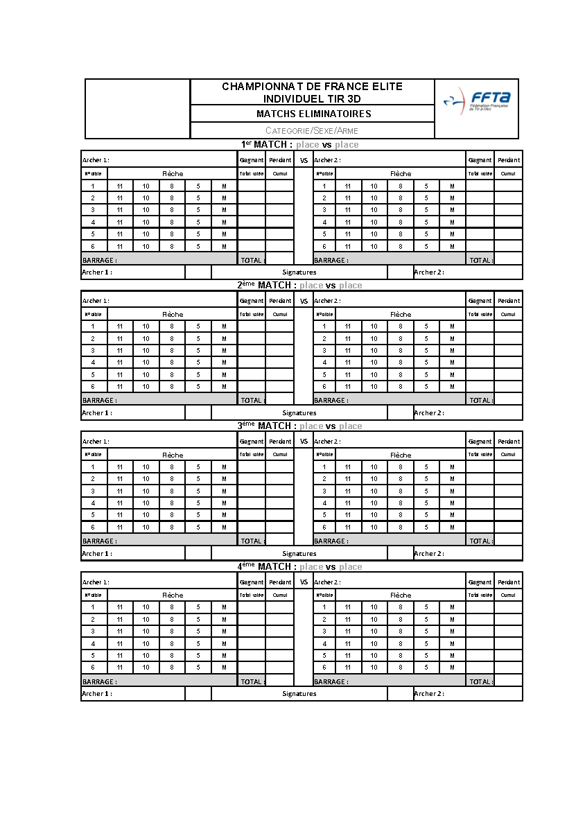 Feuille de marque pour les matchs éliminatoires du championnat de France Elite Individuel