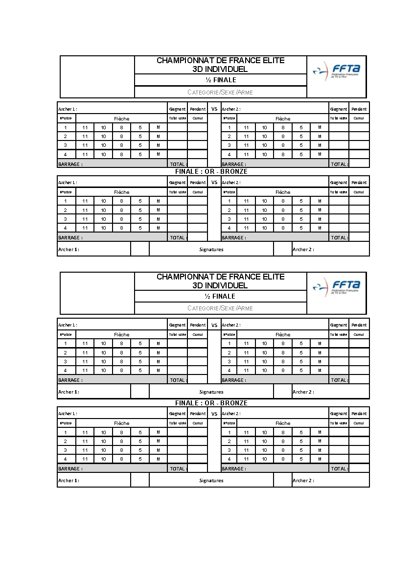 Feuille de marque pour les matchs de ½ finale et finales du championnat de France Elite Individuel